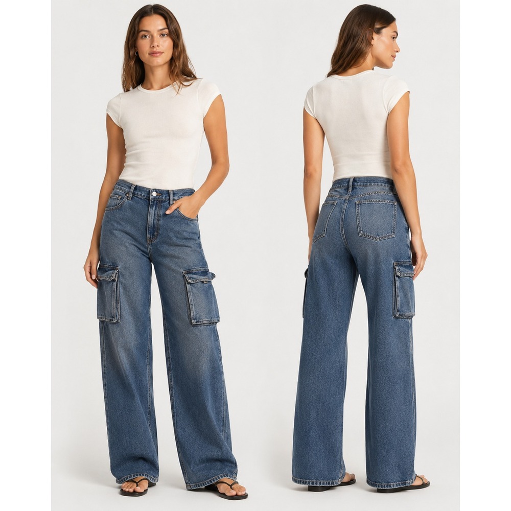 Y2K Cargo Jeans Womens 2 Wide Leg Baggy Utility Denim Streetwear Scoop